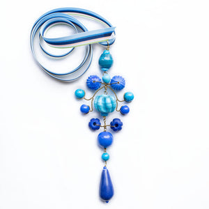 Grand Gypsy Necklace in Blue Mix with Multi Ribbon