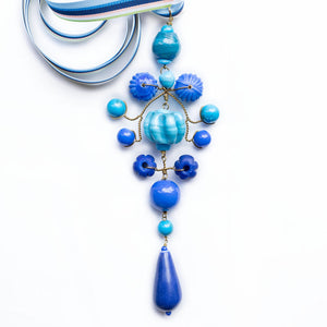 Grand Gypsy Necklace in Blue Mix with Multi Ribbon
