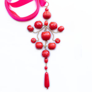 Grand Gypsy Necklace in Red with Neon Pink Ribbon