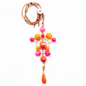 Gypsy Necklace with Leather Cord in Orange & Pink