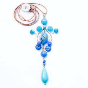 Gypsy Necklace with Leather Cord in Blue/Aqua Mix