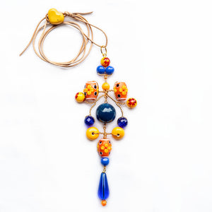 Gypsy Necklace with Leather Cord in Orange/Blue Mix