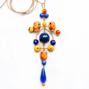 Gypsy Necklace with Leather Cord in Orange/Blue Mix