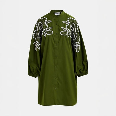ESSENTIEL ANTWERP Hanana Embellished Shirt Dress in Kombu Green