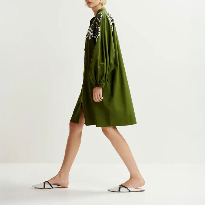 ESSENTIEL ANTWERP Hanana Embellished Shirt Dress in Kombu Green