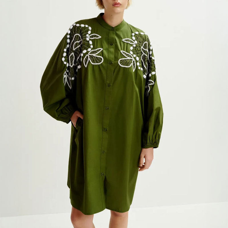 ESSENTIEL ANTWERP Hanana Embellished Shirt Dress in Kombu Green