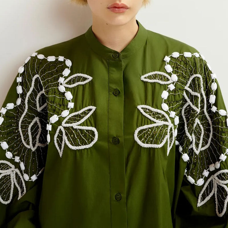 ESSENTIEL ANTWERP Hanana Embellished Shirt Dress in Kombu Green