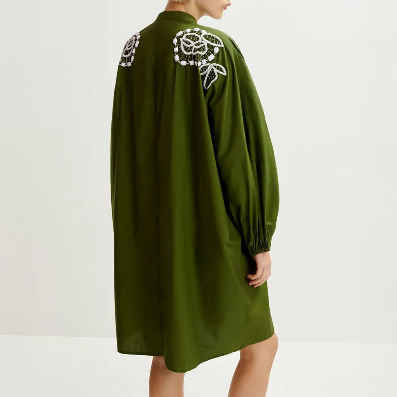 ESSENTIEL ANTWERP Hanana Embellished Shirt Dress in Kombu Green