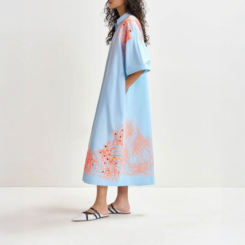 ESSENTIEL ANTWERP Hanchor Embroidered Midi Dress in Combo1 Lake Blue