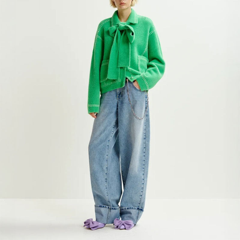 ESSENTIEL ANTWERP Hoops Cardigan with Bow in Pine Needle