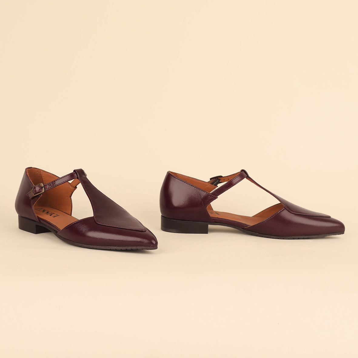 ESSKA Harmony Pointed T-Bar Flat Shoes in Bordeaux