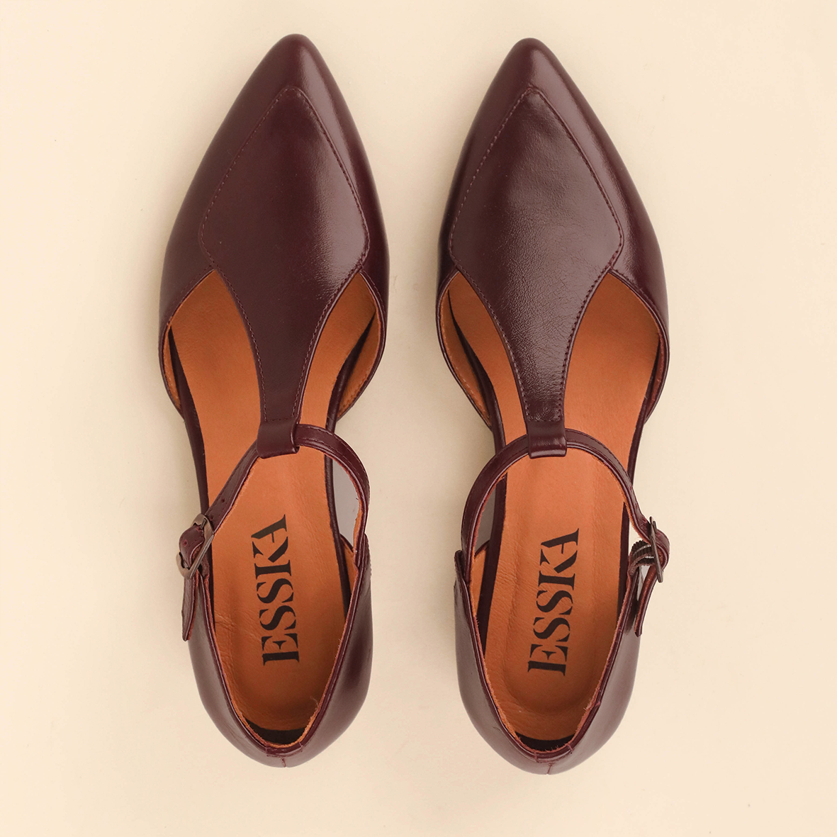 ESSKA Harmony Pointed T-Bar Flat Shoes in Bordeaux