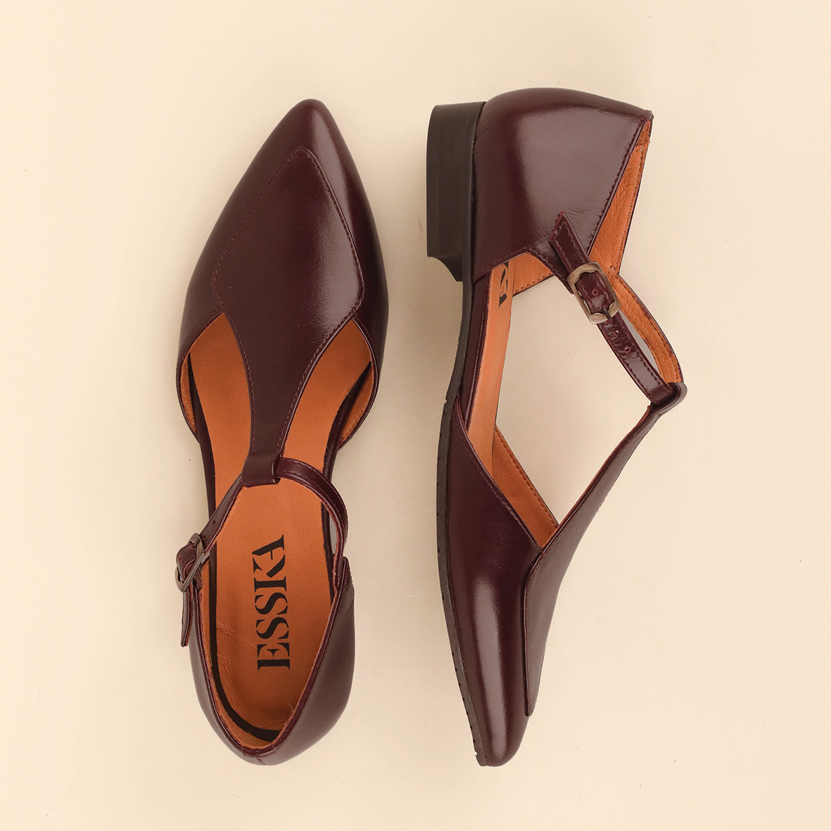 ESSKA Harmony Pointed T-Bar Flat Shoes in Bordeaux