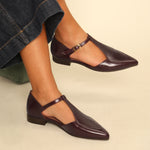 ESSKA Harmony Pointed T-Bar Flat Shoes in Bordeaux