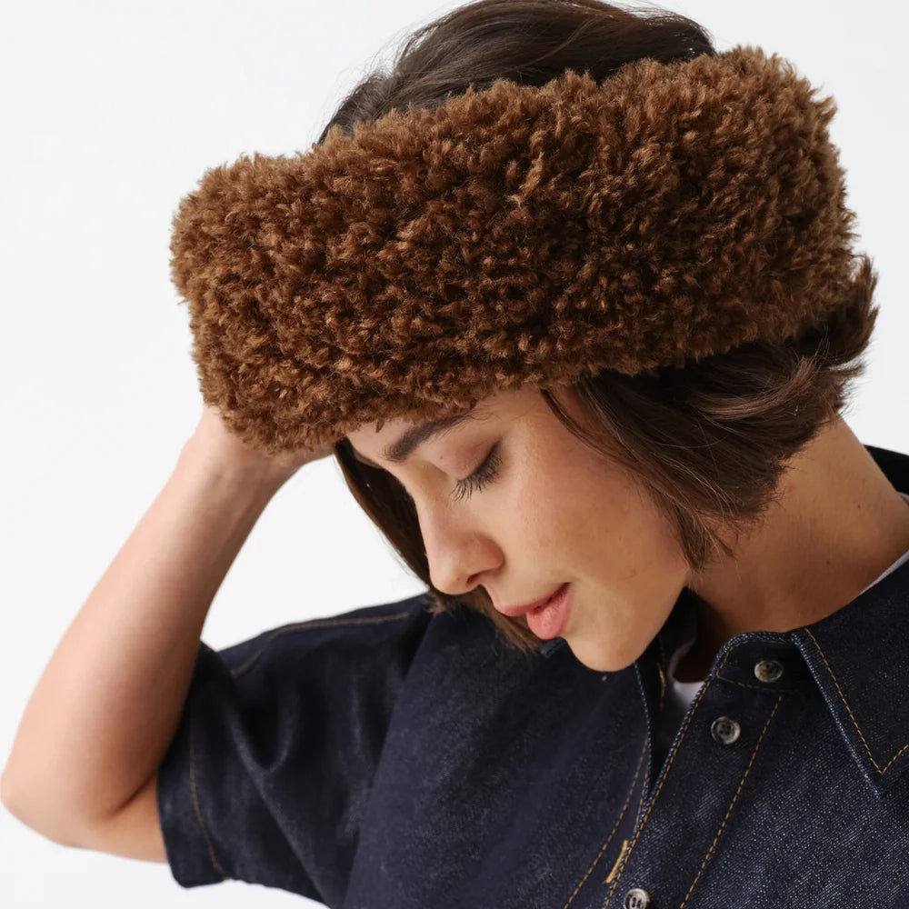 HELEN MOORE Faux Sheepskin Huff Headband in Chestnut