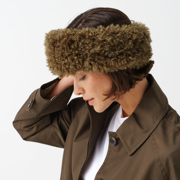 HELEN MOORE Faux Sheepskin Huff Headband in Forest Green