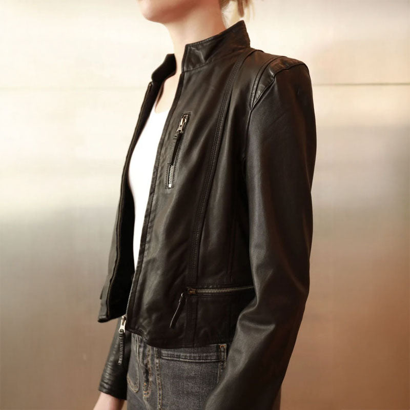 STUDIO KIN Helena Cropped Leather Jacket in Black