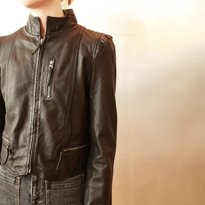 STUDIO KIN Helena Cropped Leather Jacket in Black
