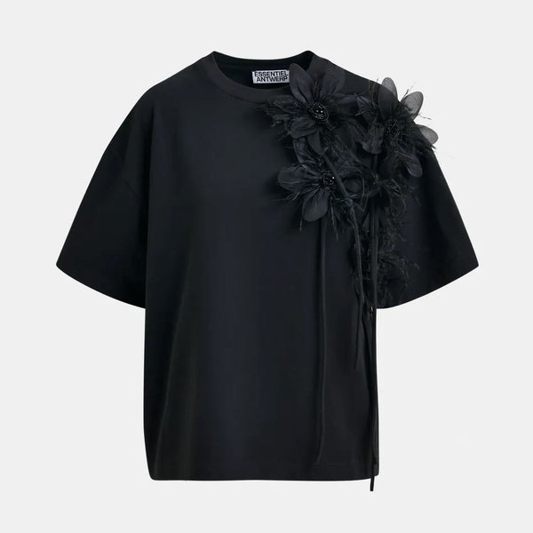 ESSENTIEL ANTWERP Ibiscus Cotton T-Shirt With Floral Detail in Black