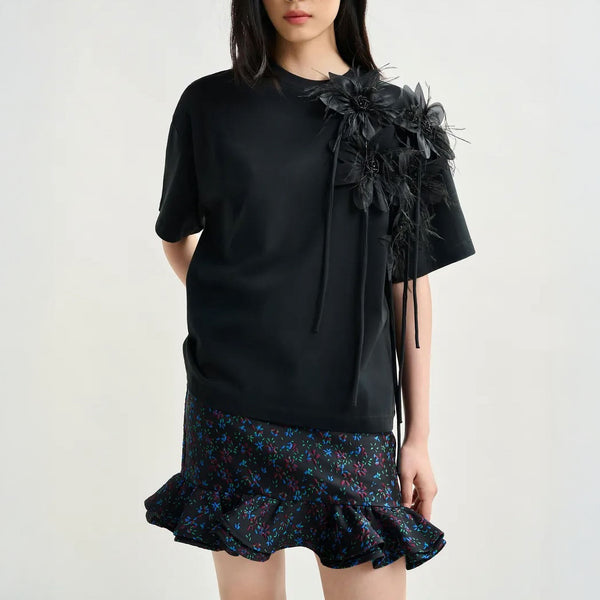 ESSENTIEL ANTWERP Ibiscus Cotton T-Shirt With Floral Detail in Black