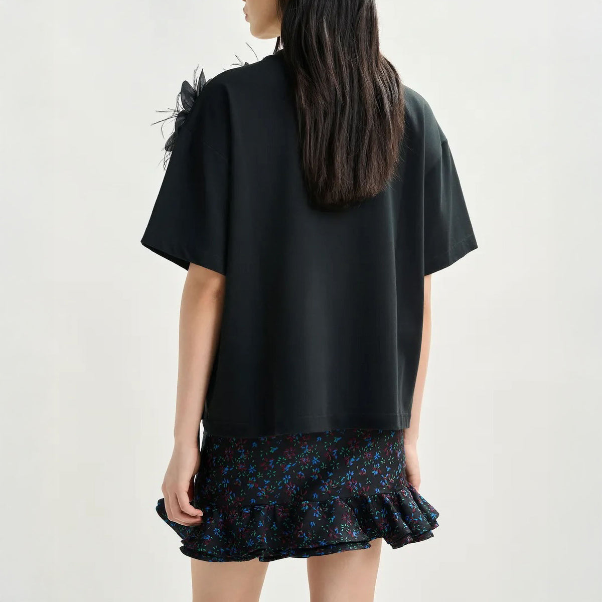 ESSENTIEL ANTWERP Ibiscus Cotton T-Shirt With Floral Detail in Black