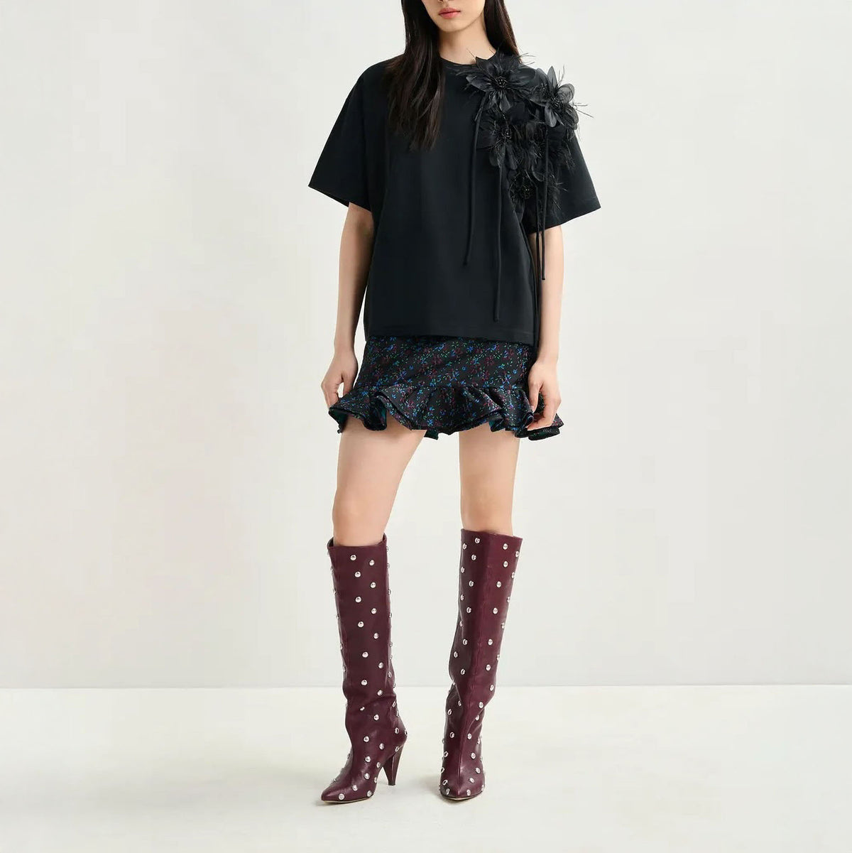 ESSENTIEL ANTWERP Ibiscus Cotton T-Shirt With Floral Detail in Black