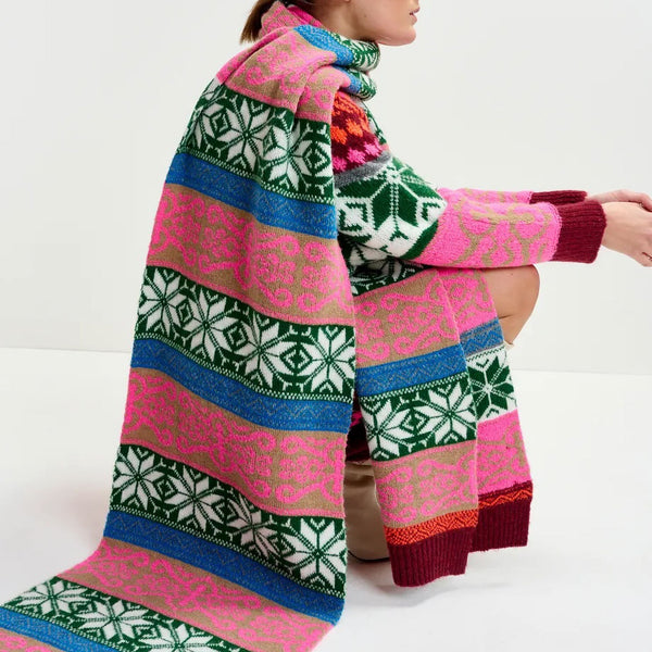 ESSENTIEL ANTWERP Icharpe Jacquard Knit Scarf With Ribbed Trims in Pink and Multicolor