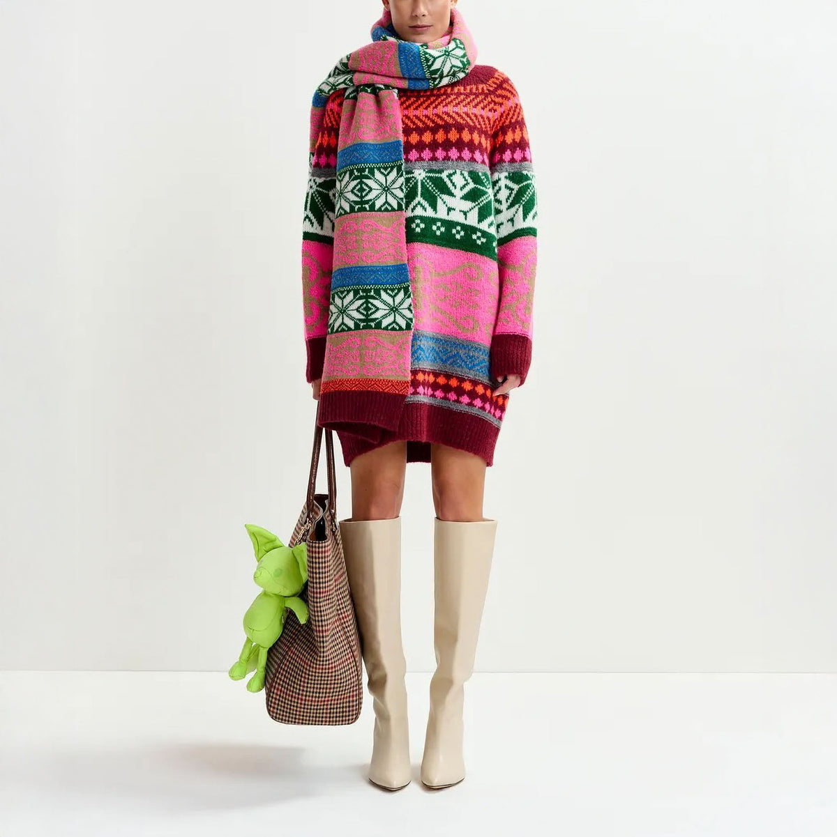 ESSENTIEL ANTWERP Icharpe Jacquard Knit Scarf With Ribbed Trims in Pink and Multicolor