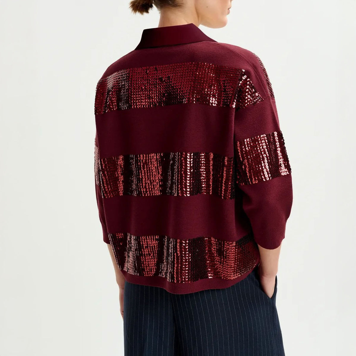 ESSENTIEL ANTWERP Illuminati Striped Sequin Polo in Margot Mauve