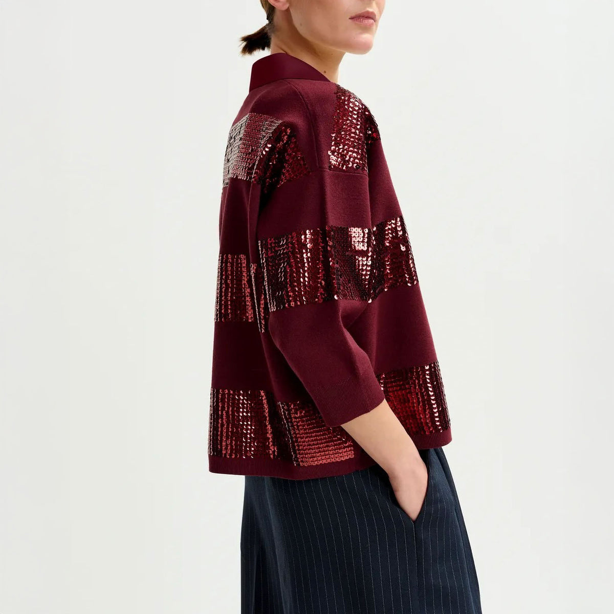 ESSENTIEL ANTWERP Illuminati Striped Sequin Polo in Margot Mauve