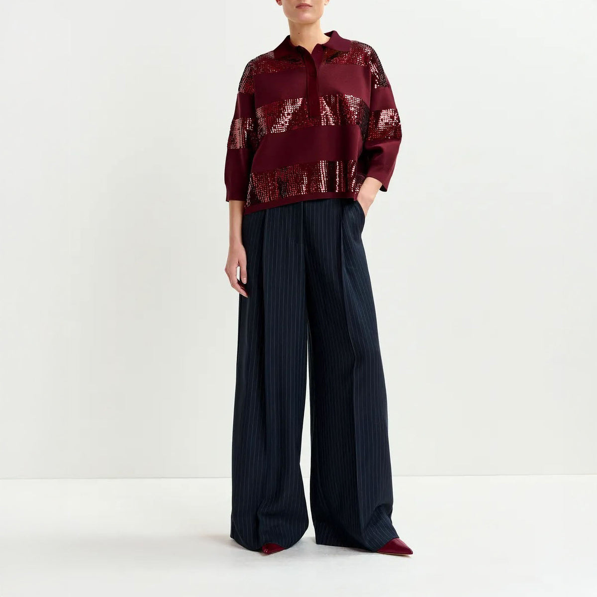 ESSENTIEL ANTWERP Illuminati Striped Sequin Polo in Margot Mauve