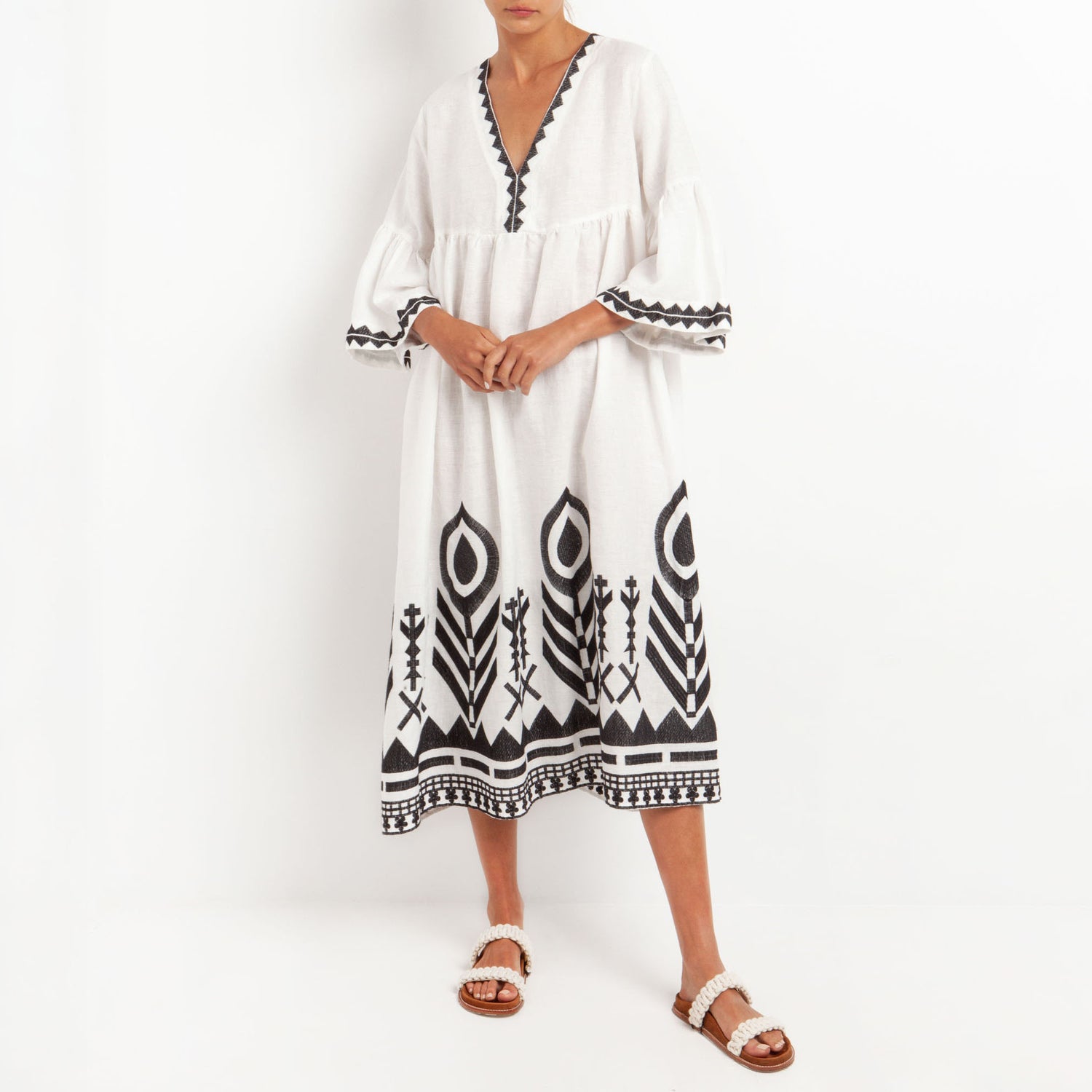 GREEK ARCHAIC KORI Long Feather Embroidered Bell Sleeve Dress in White/Blue | Collen & Clare GREEK ARCHAIC KORI Long Feather Embroidered Bell Sleeve Dress in White/Blue | Collen & Clare