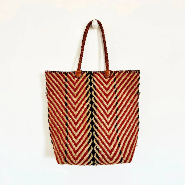EN SHALLA Medium Big Chevron Woven Tote Bag in Cognac