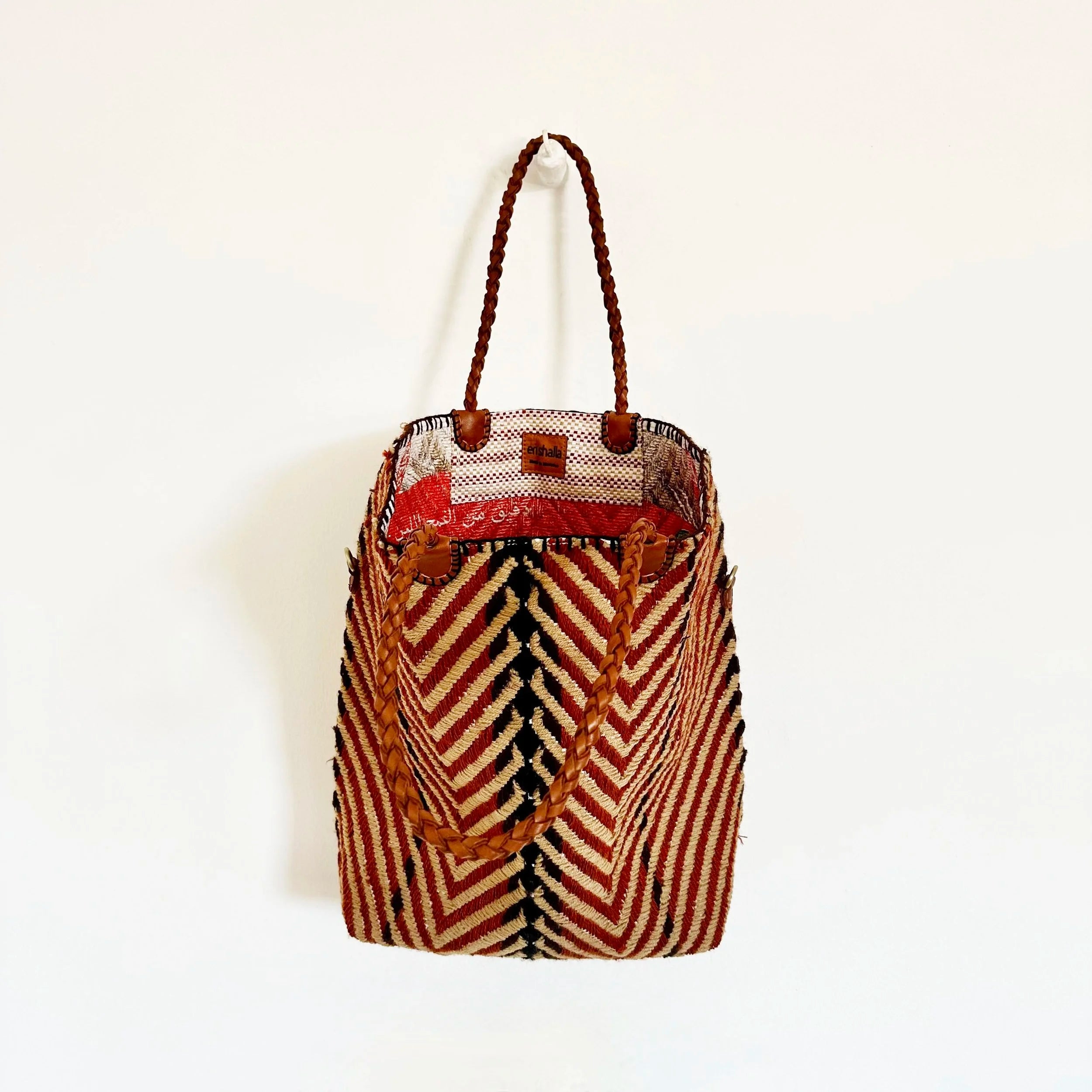 EN SHALLA Medium Big Chevron Woven Tote Bag in Cognac