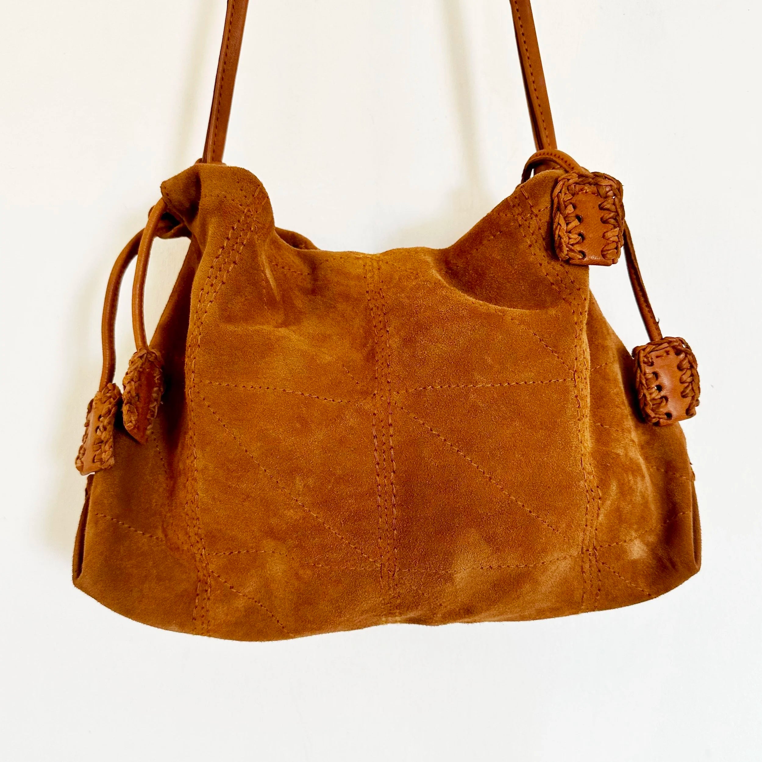 EN SHALLA Large Suede Crossbody Shoulder Bag in Cognac