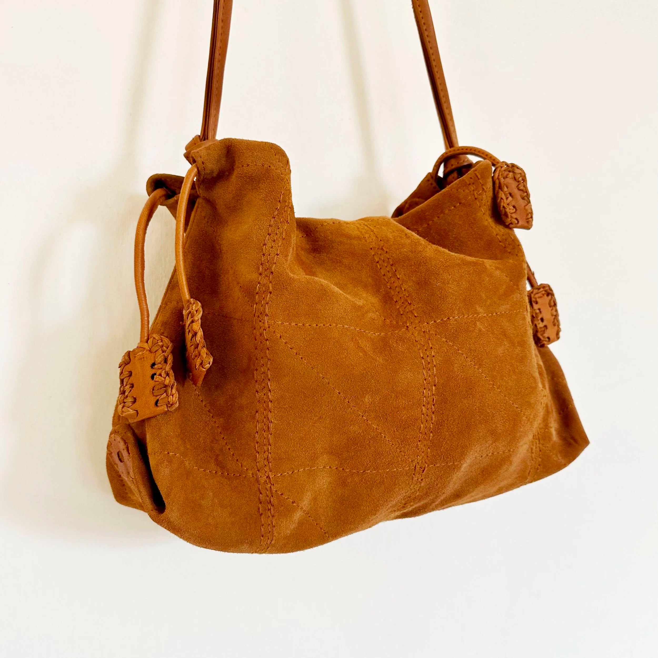 EN SHALLA Large Suede Crossbody Shoulder Bag in Cognac