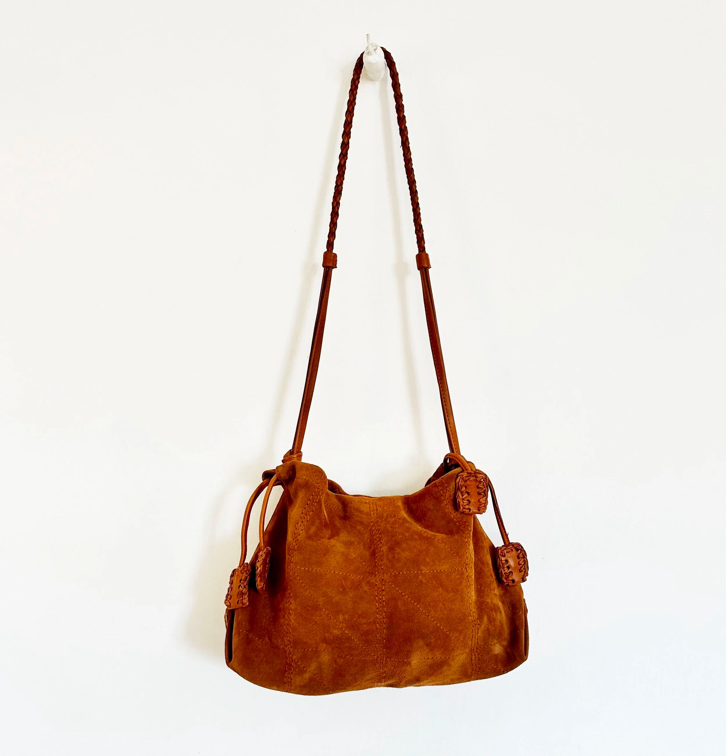 EN SHALLA Large Suede Crossbody Shoulder Bag in Cognac