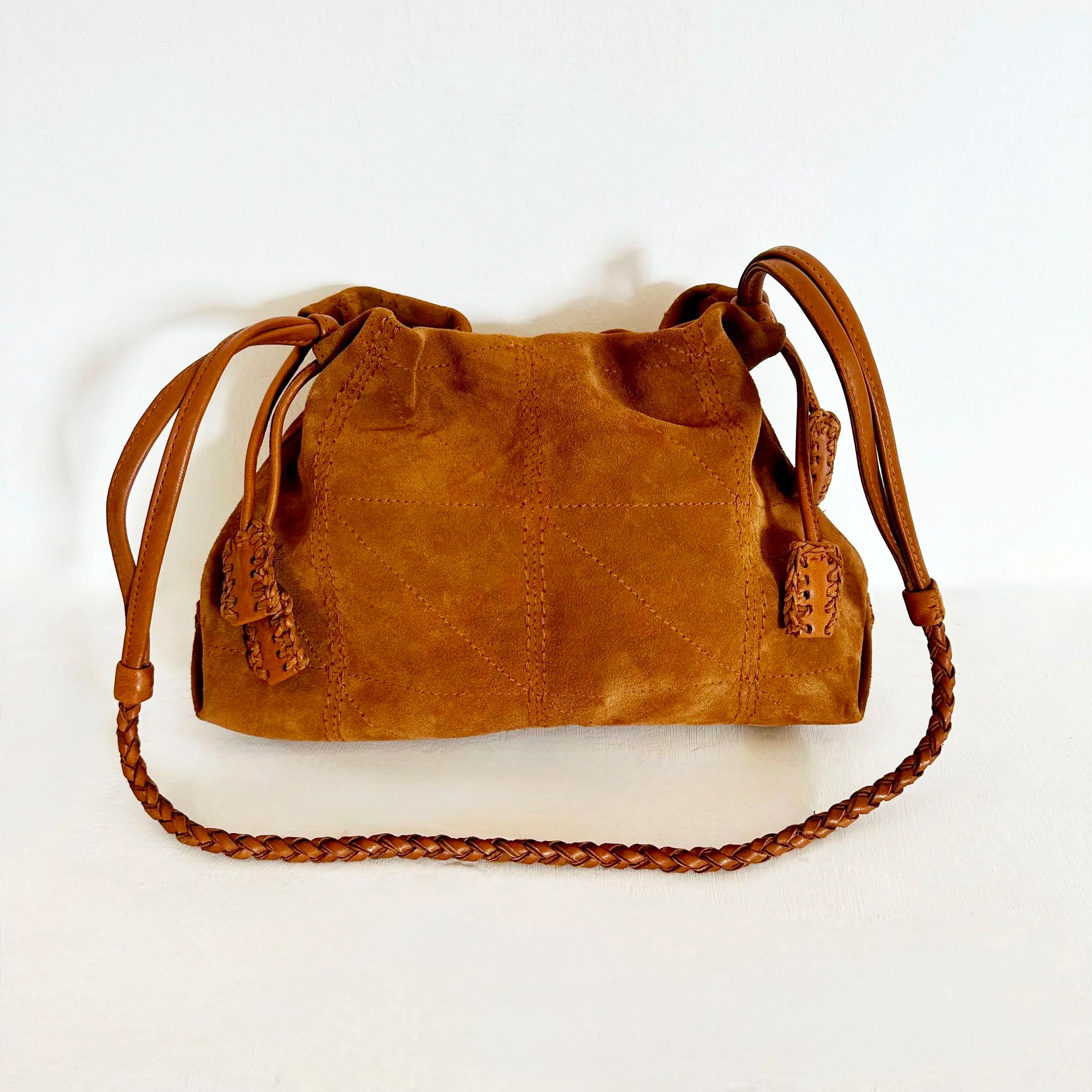 EN SHALLA Large Suede Crossbody Shoulder Bag in Cognac