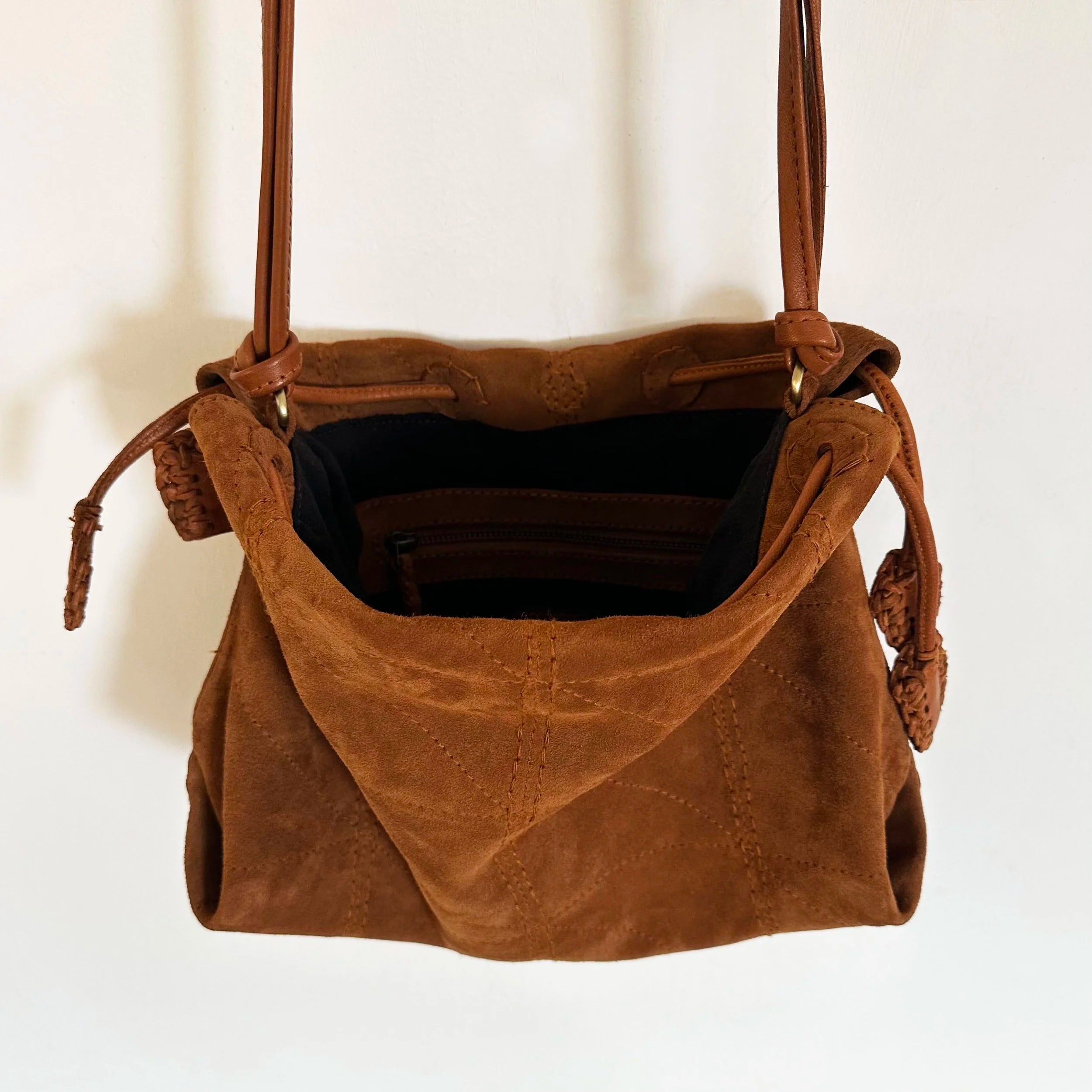 EN SHALLA Large Suede Crossbody Shoulder Bag in Cognac