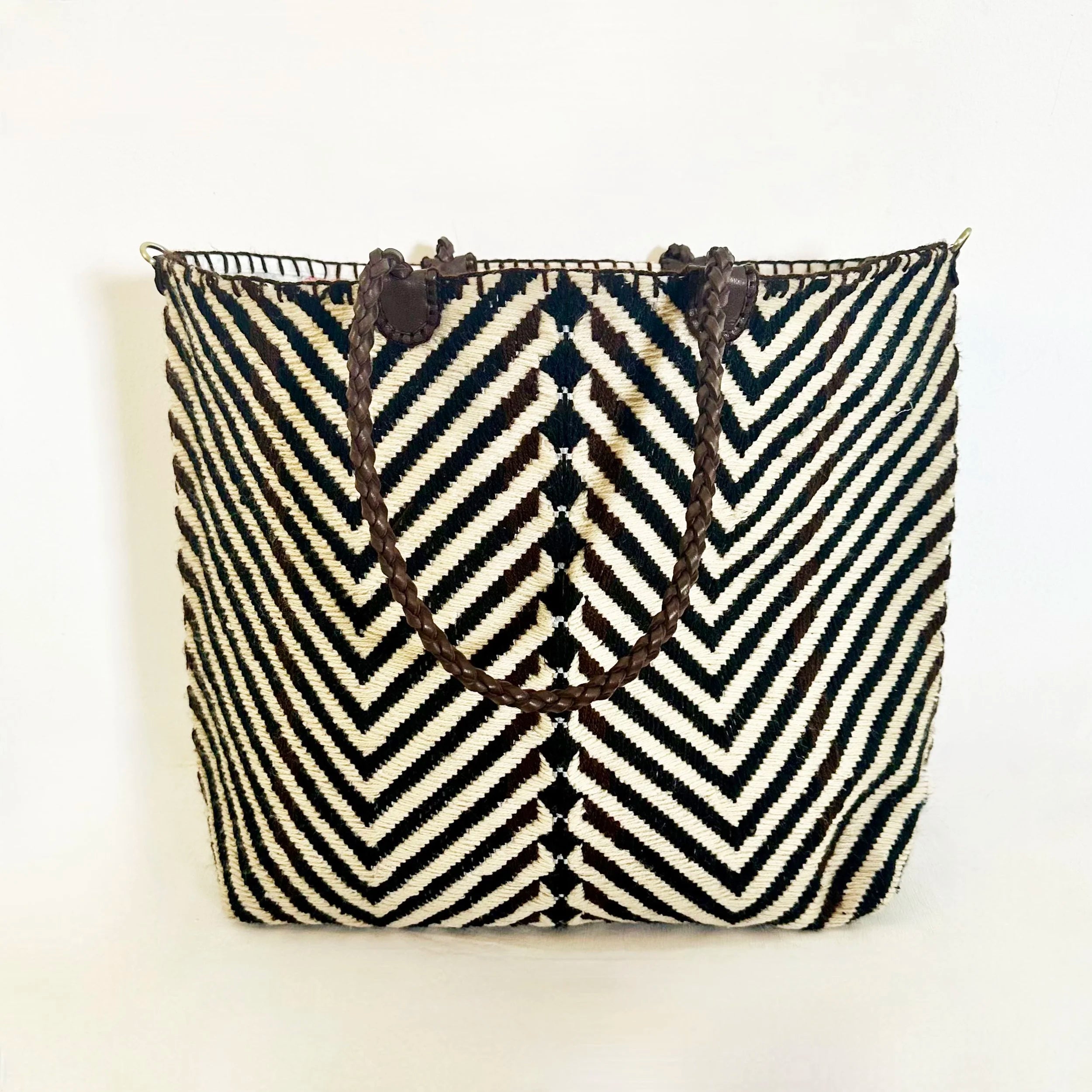 EN SHALLA Large Big Chevron Woven Tote Bag in Chocolate & Cream