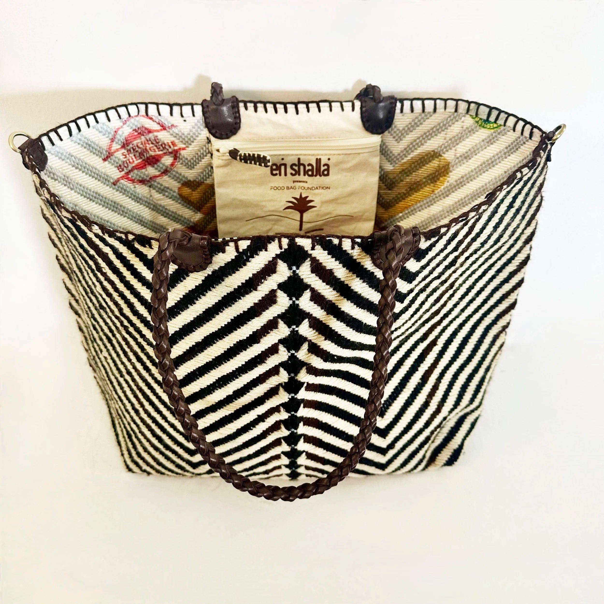 EN SHALLA Large Big Chevron Woven Tote Bag in Chocolate & Cream