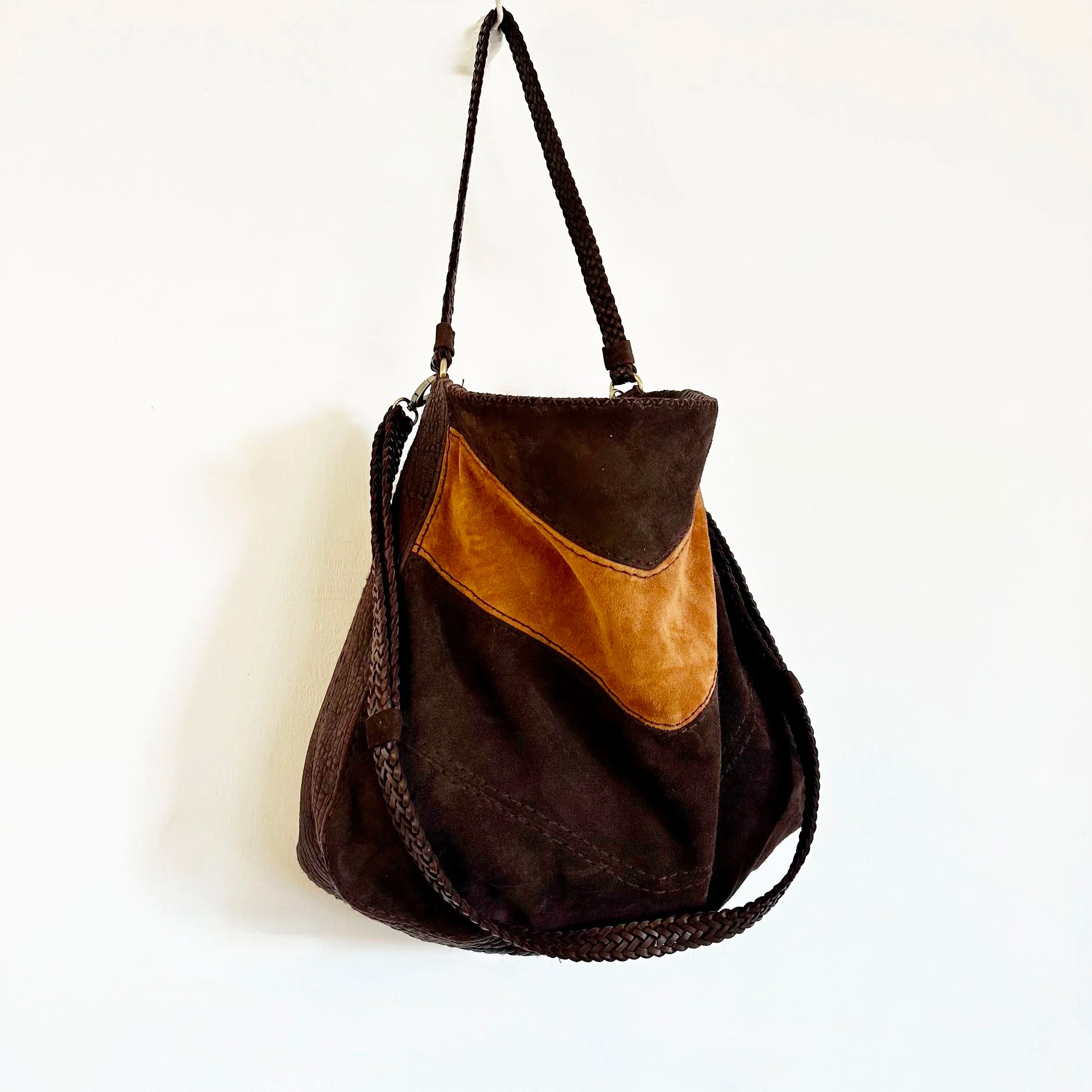 EN SHALLA Medium Suede Shoulder Bag in Chocolate/Cognac