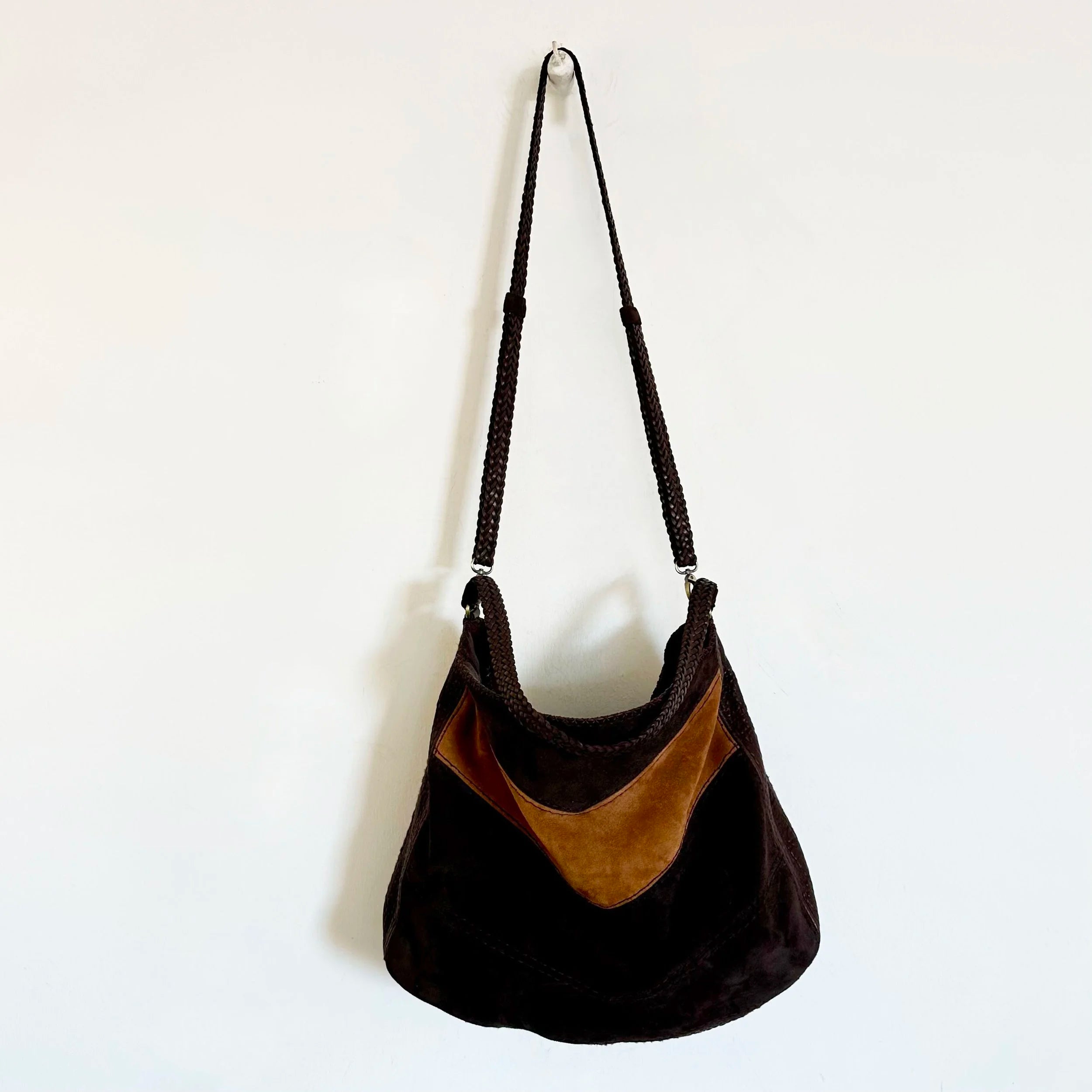 EN SHALLA Medium Suede Shoulder Bag in Chocolate/Cognac