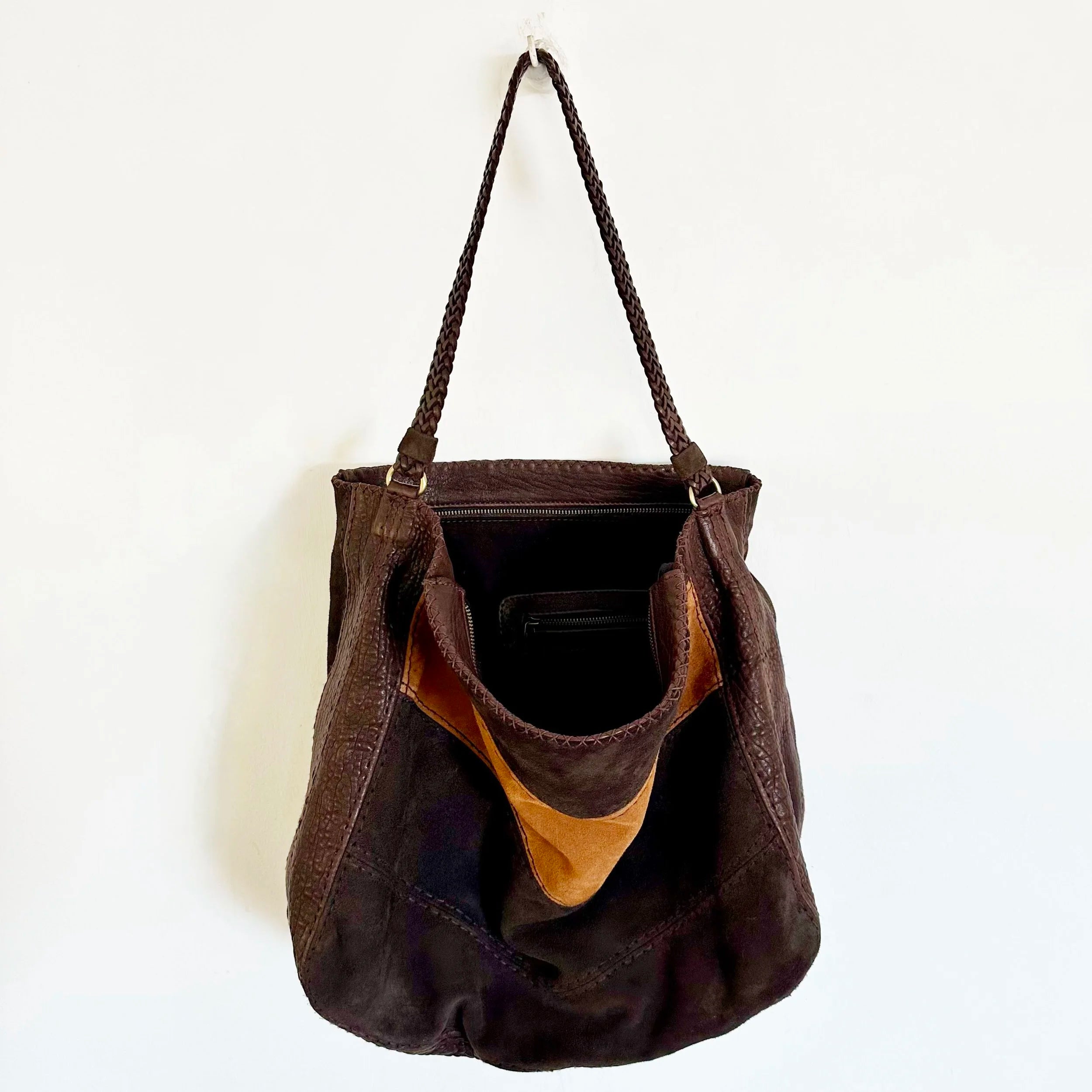 EN SHALLA Medium Suede Shoulder Bag in Chocolate/Cognac