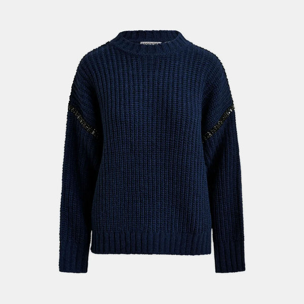 ESSENTIEL ANTWERP Indsay Wool-Blend Turtleneck With Detachable Collar and Rhinestone Embellishments in Navy