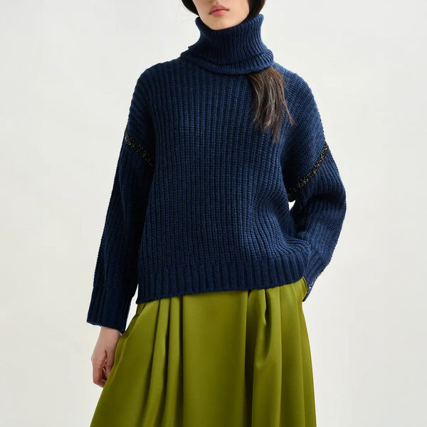 ESSENTIEL ANTWERP Indsay Wool-Blend Turtleneck With Detachable Collar and Rhinestone Embellishments in Navy