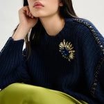 ESSENTIEL ANTWERP Indsay Wool-Blend Turtleneck With Detachable Collar and Rhinestone Embellishments in Navy