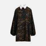 ESSENTIEL ANTWERP Inspector A-Line Mini Dress With Removable Collar in Brown, Khaki and Black Camouflage