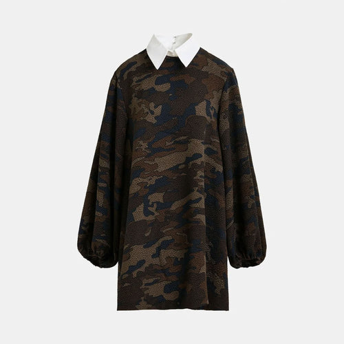 ESSENTIEL ANTWERP Inspector A-Line Mini Dress With Removable Collar in Brown, Khaki and Black Camouflage