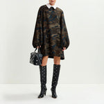 ESSENTIEL ANTWERP Inspector A-Line Mini Dress With Removable Collar in Brown, Khaki and Black Camouflage